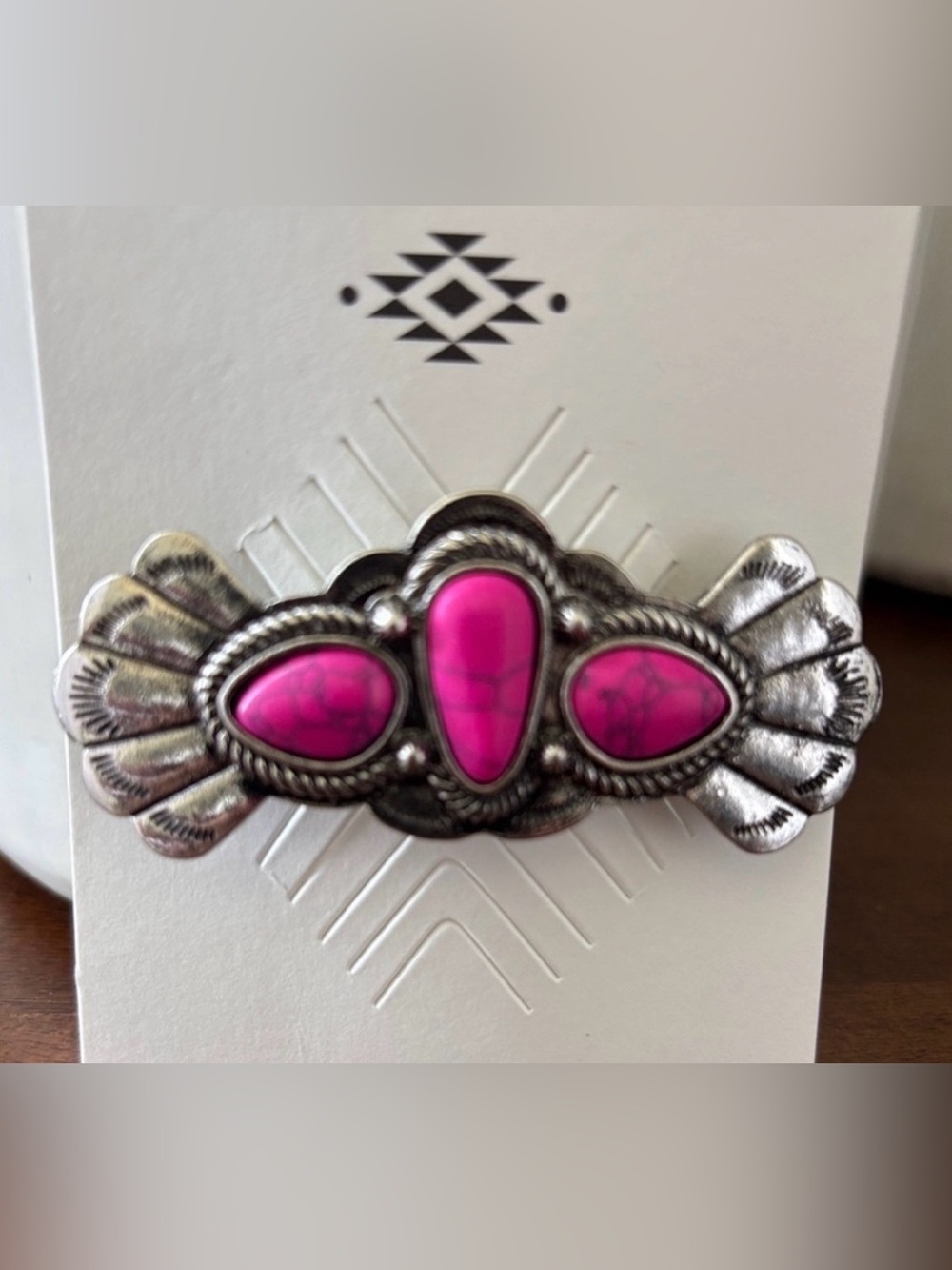 Western Style Silvertone Metal Hairpin,pink marblized stones,snap click,everyday